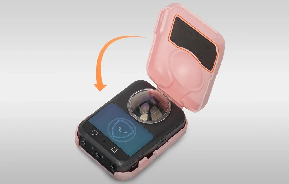 DJI Osmo 360 action camera in a pink opening protective case.