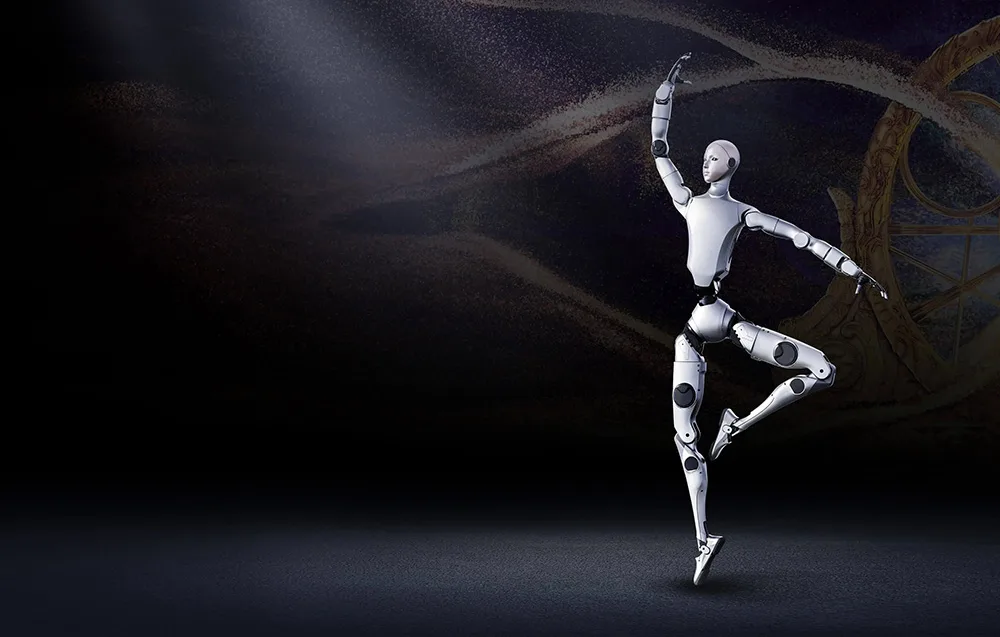 UNITREE H2 humanoid robot in an elegant ballet-inspired pose on a dark background