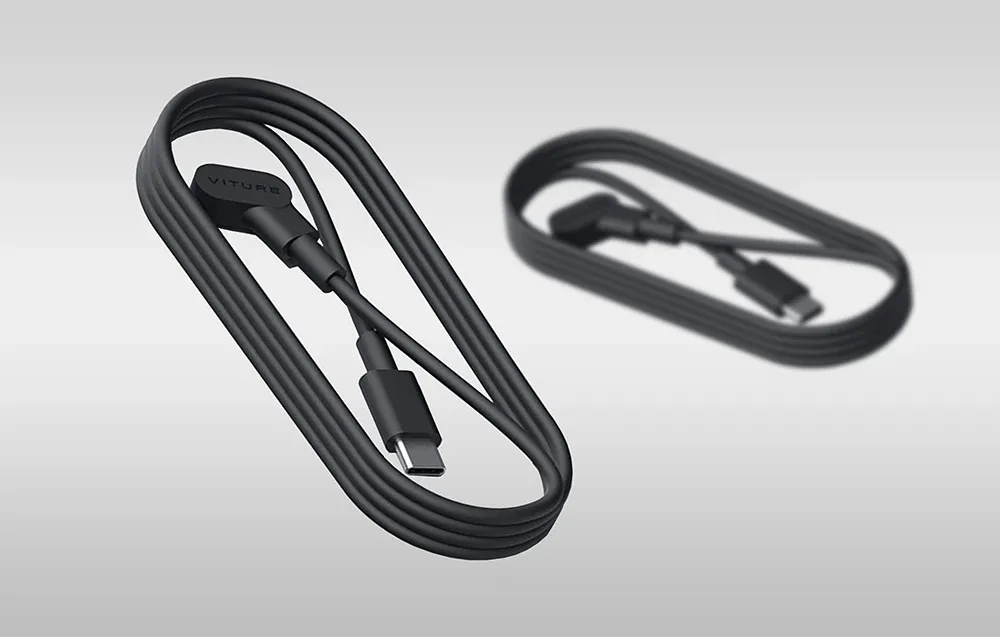 Two black VITURE USB-C to magnetic connector cables on a gray background