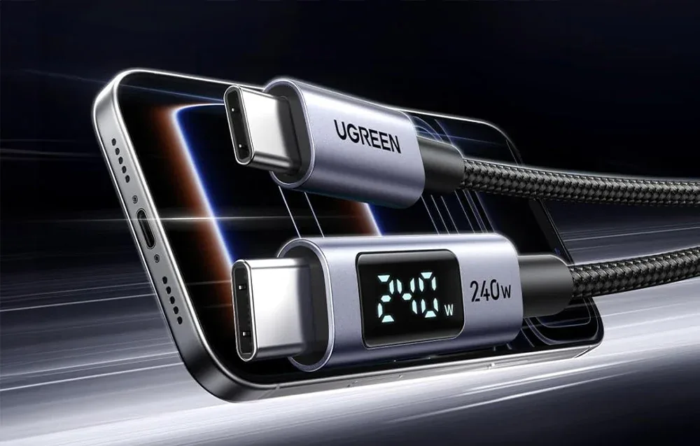 Kabel USB-C Ugreen z wyświetlaczem obok smartfona