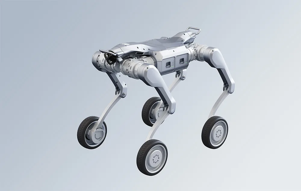 UNITREE A2-W robot with four wheels on a bright background