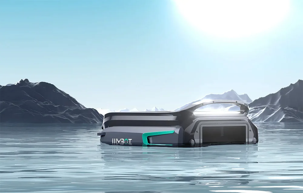 WYBOT F1 cordless pool cleaning robot floating on pool water with a mountain view in the background