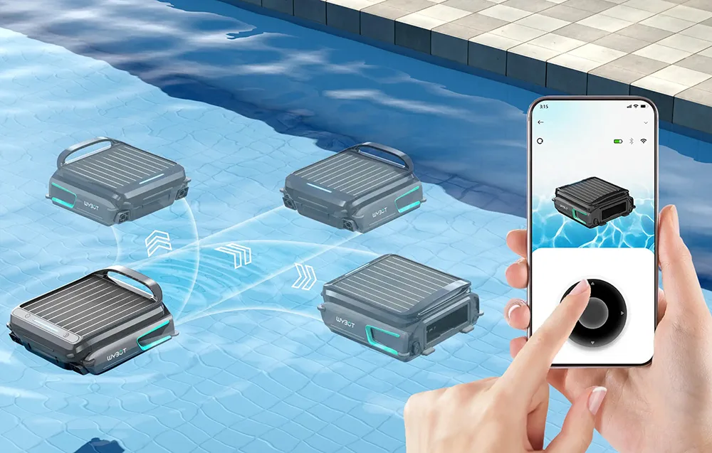 Smartphone controlling the WYBOT F1 pool cleaning robot via mobile app
