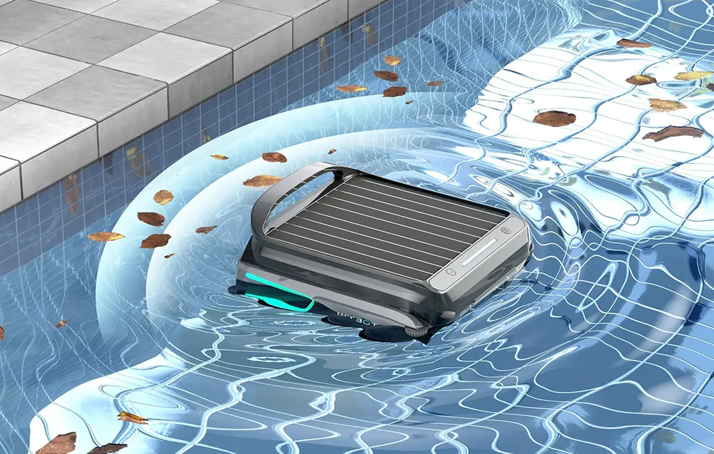 WYBOT F1 pool skimmer robot collecting debris near the pool edge