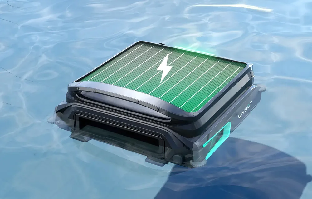 WYBOT F1 pool robot with solar panel floating on the water surface