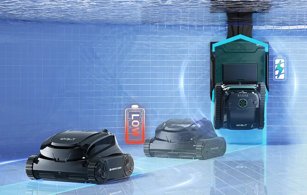 WYBOT S2 Solar Vision pool cleaner returning to the docking station for charging