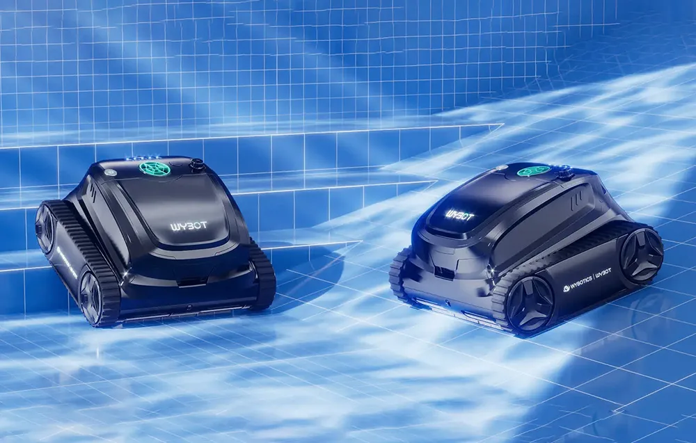 Two WYBOT pool cleaning robots underwater in a blue tiled swimming pool