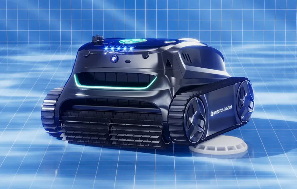 WYBOT S2 Solar Vision cordless pool robot underwater against a blue tiled background