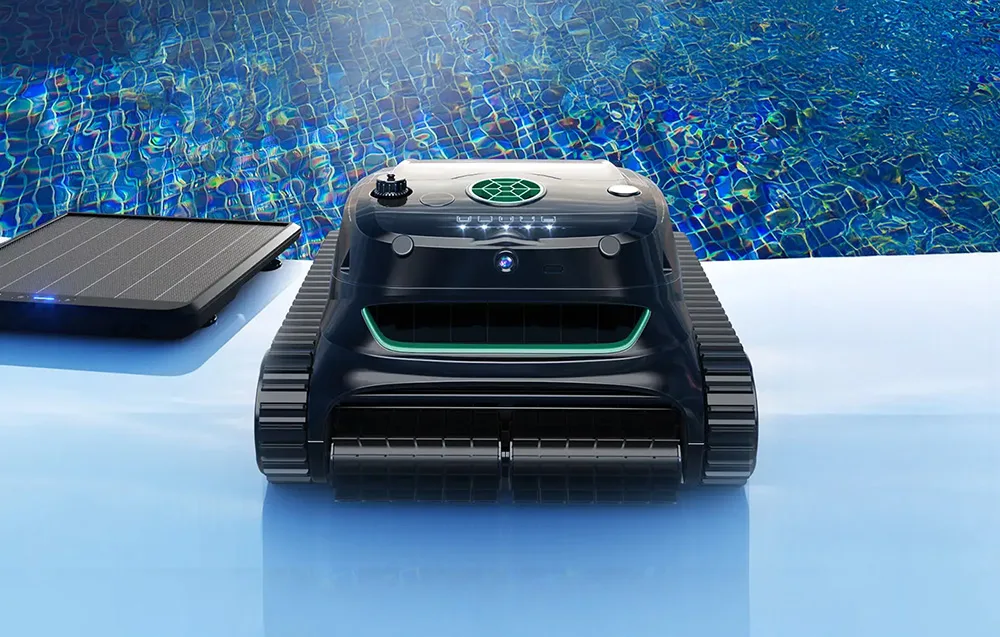 WYBOT S2 Solar Vision pool robot by the pool next to a solar charging panel
