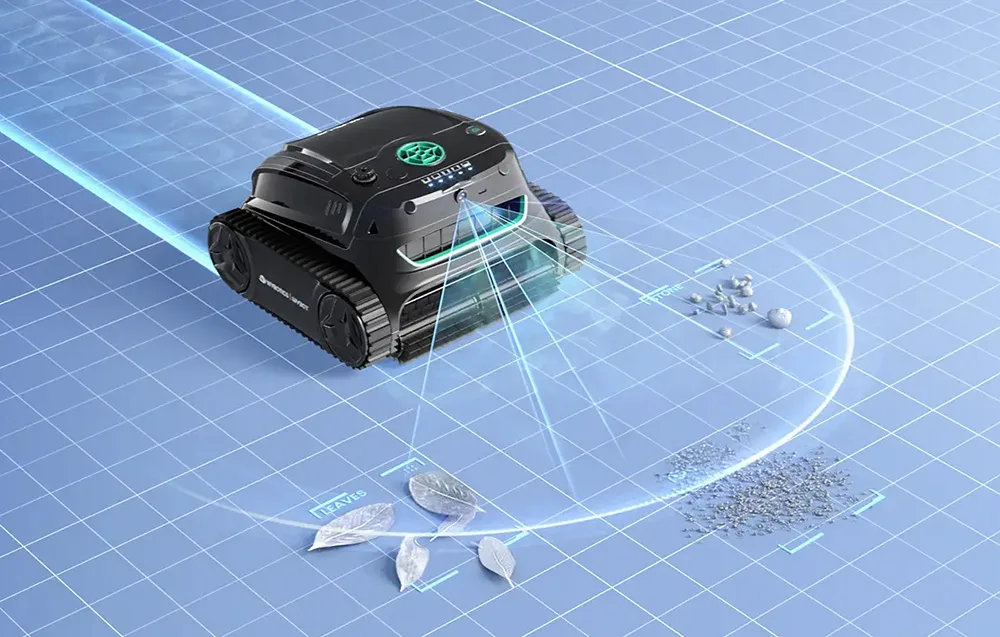 WYBOT S2 Solar Vision pool robot collecting leaves and debris from the pool floor