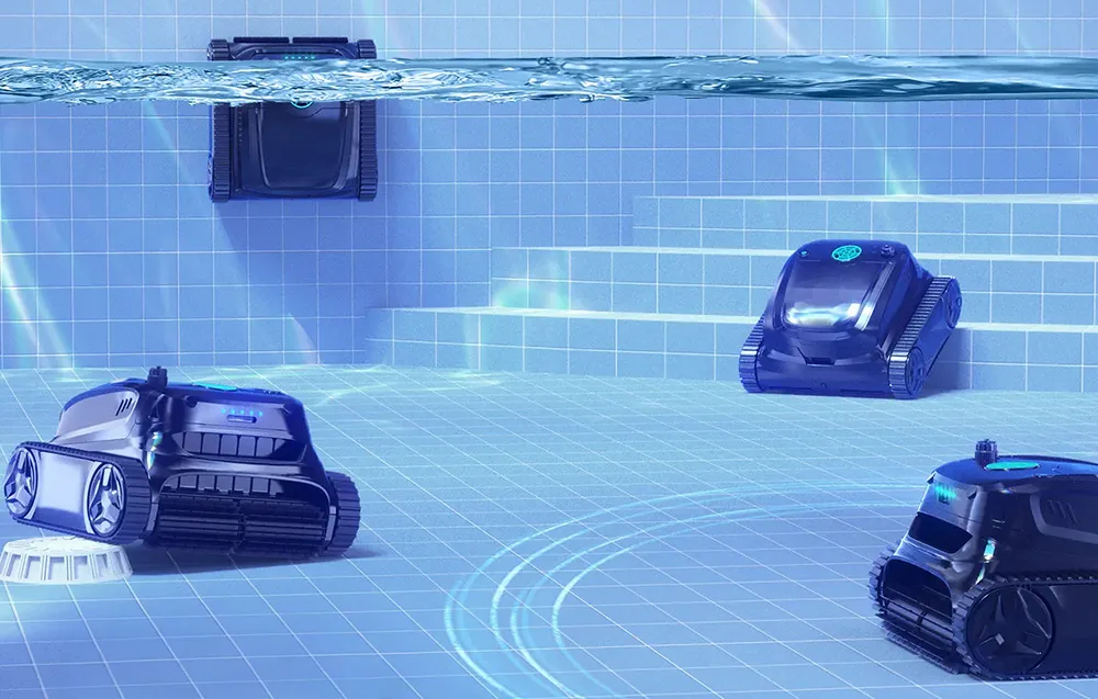 Four Wybot pool cleaning robots underwater on a blue pool floor