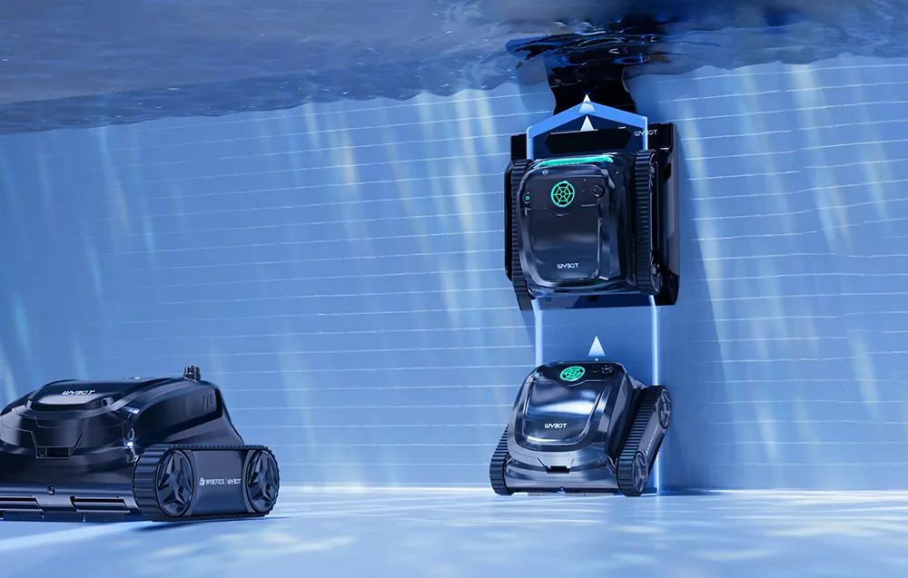 Wybot S2 Solar pool cleaning robot approaching a wall-mounted docking station