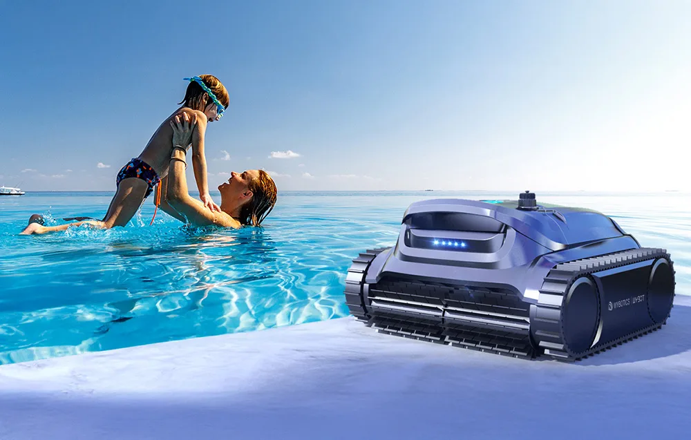 Family by the pool with the WYBOT pool cleaning robot on the poolside