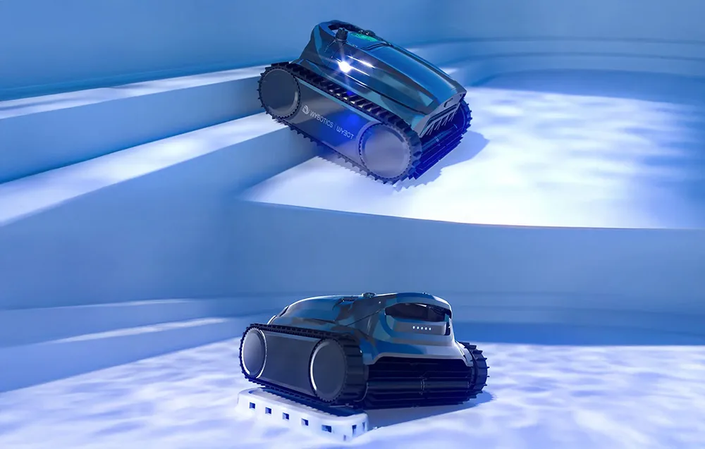 Two WYBOT pool robots on pool entry steps