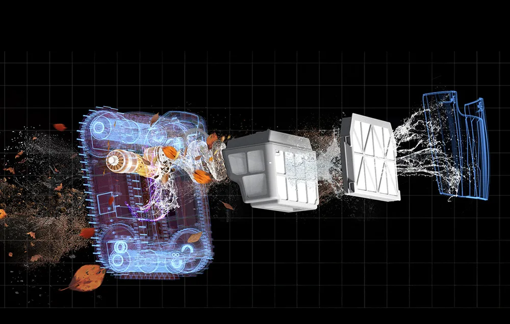 Technical view of the WYBOT pool robot with filter baskets and internal components