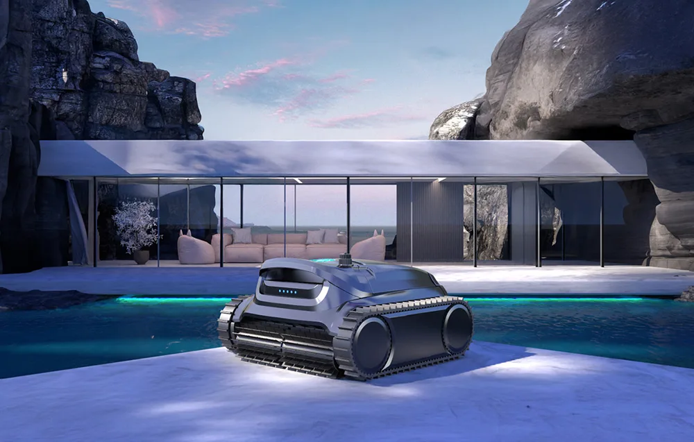 WYBOT pool cleaning robot beside a modern backyard pool near rocky landscape