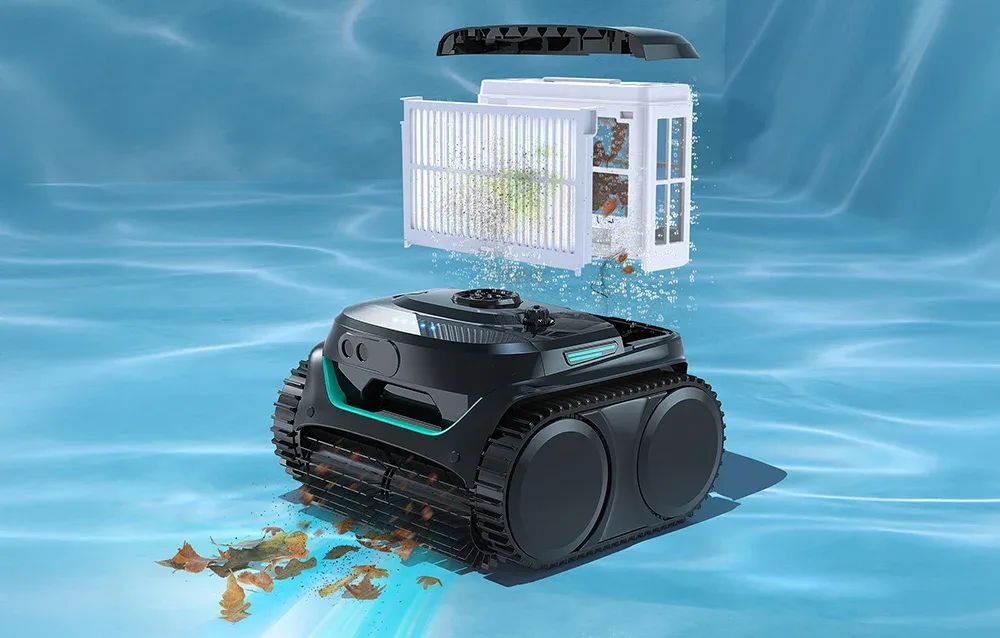 Wybot C2PRO cordless pool cleaning robot with opened filter basket full of collected debris
