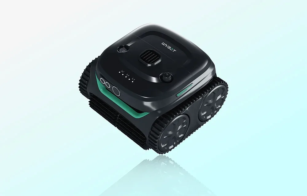 Wybot C2PRO cordless pool cleaning robot shown on a light blue background