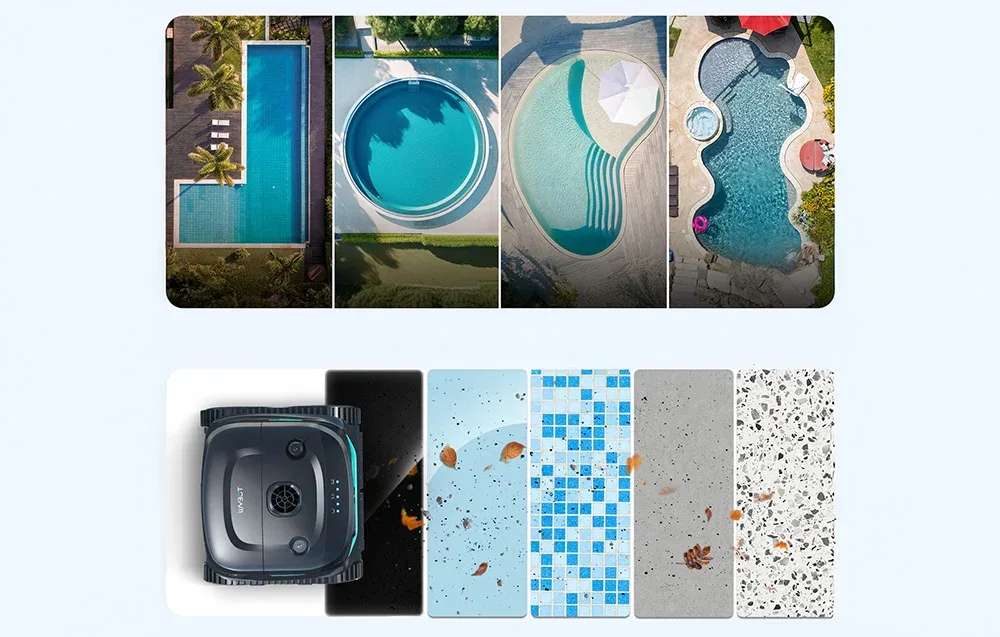 Wybot C2PRO cordless pool cleaning robot with examples of different pool shapes and pool floor surface types