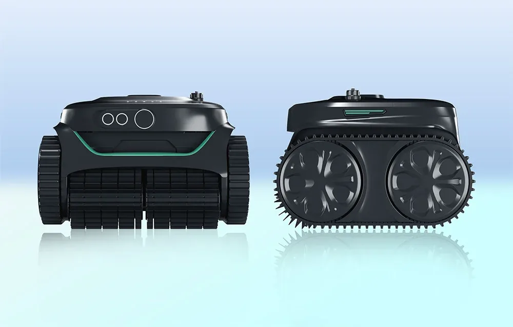 Front and rear view of the Wybot C2PRO cordless pool cleaning robot with visible tracks and cleaning brushes