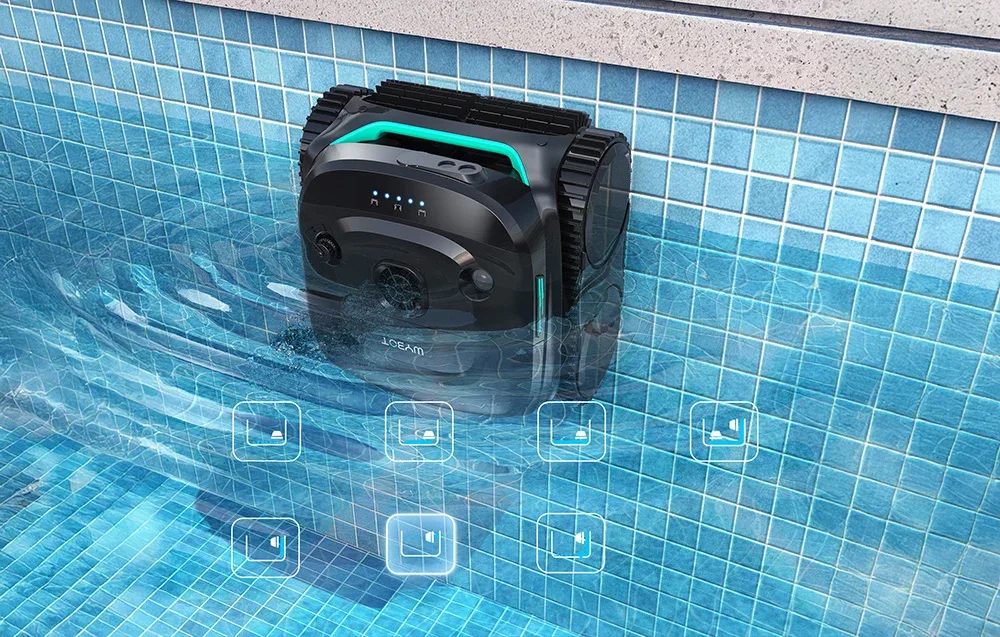 Wybot C2PRO cordless pool cleaning robot cleaning a pool wall with cleaning function icons shown below