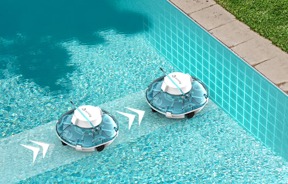 Two white pool cleaning robots with transparent domes cleaning the bottom of a turquoise pool with white arrows indicating movement direction
