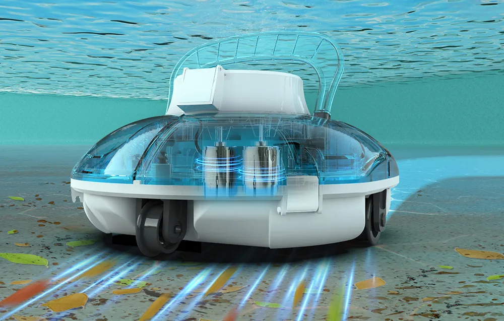 Underwater cutaway view of the pool robot showing internal components, blue cylinders, and cleaning brushes on the pool floor