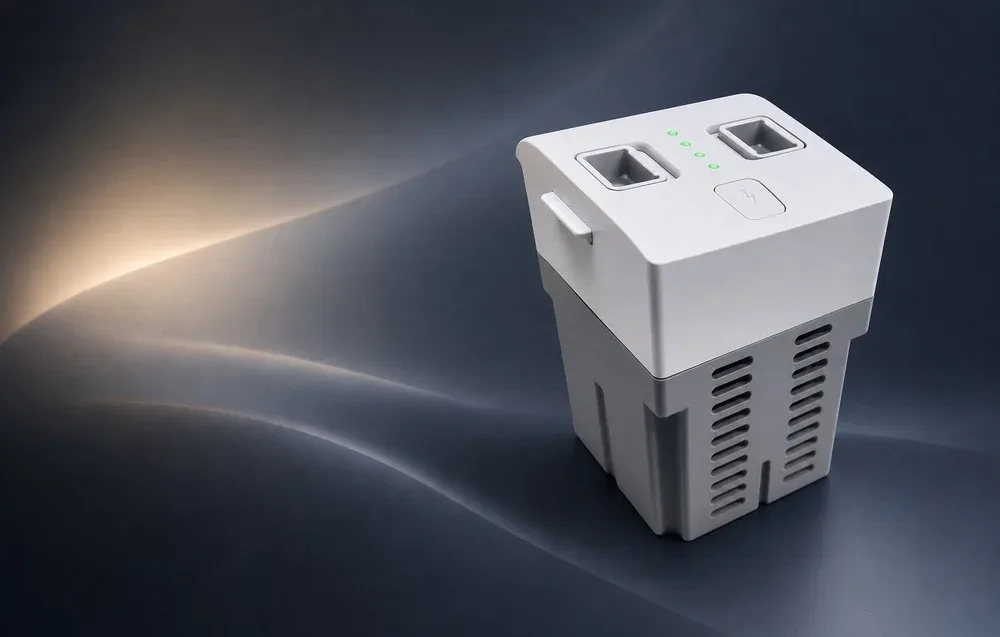 Unitree R1 battery on a gray background