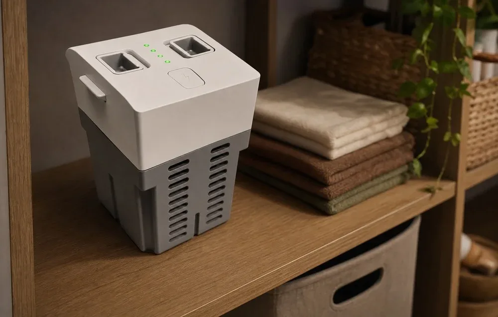 Three Unitree R1 batteries on a gray background
