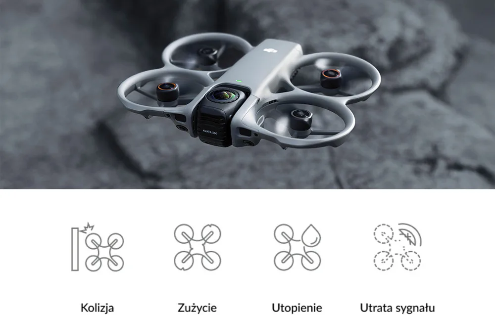Дрон DJI Avata над кам’янистою поверхнею та чотири іконки, що символізують зіткнення, зношення, затоплення та втрату сигналу