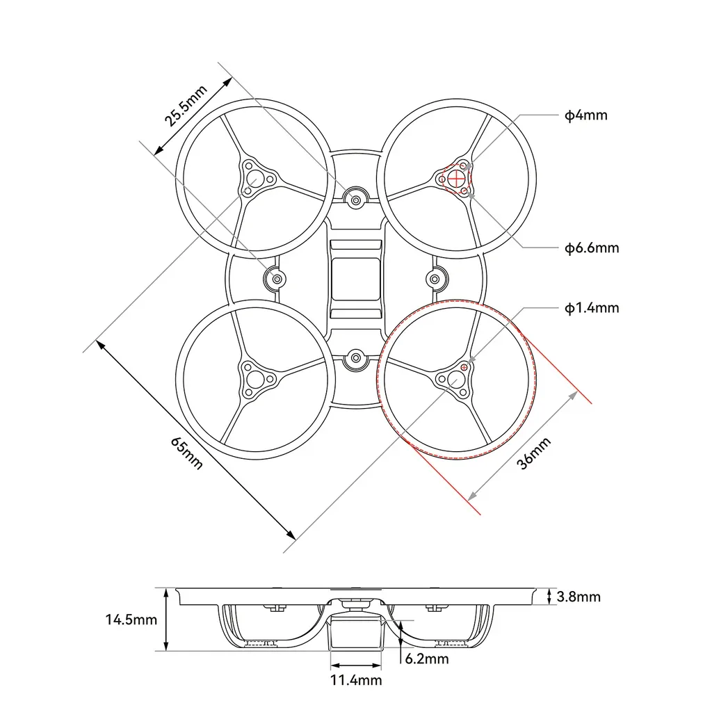 BetaFPV Air65 Champion frame diagram with dimensions