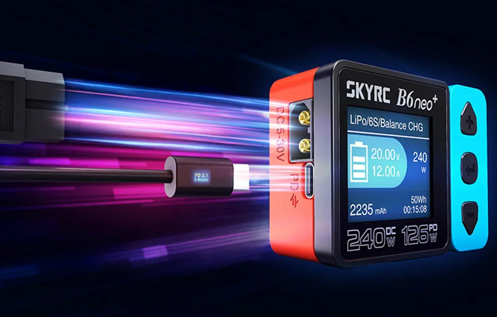 Close-up of SkyRC B6neo+ smart charger ports for cable connections.