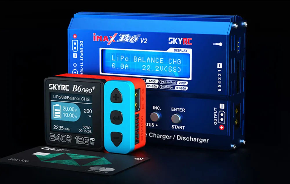 SkyRC B6neo+ smart charger shown with another charger in the background.