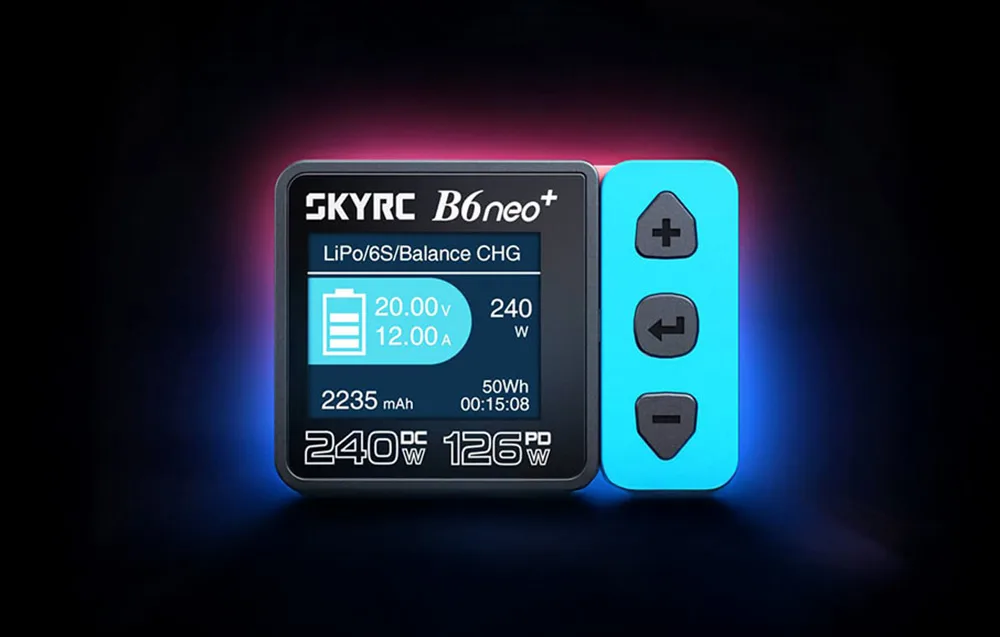 SkyRC B6neo+ smart charger illuminated with colorful lights on a black background.