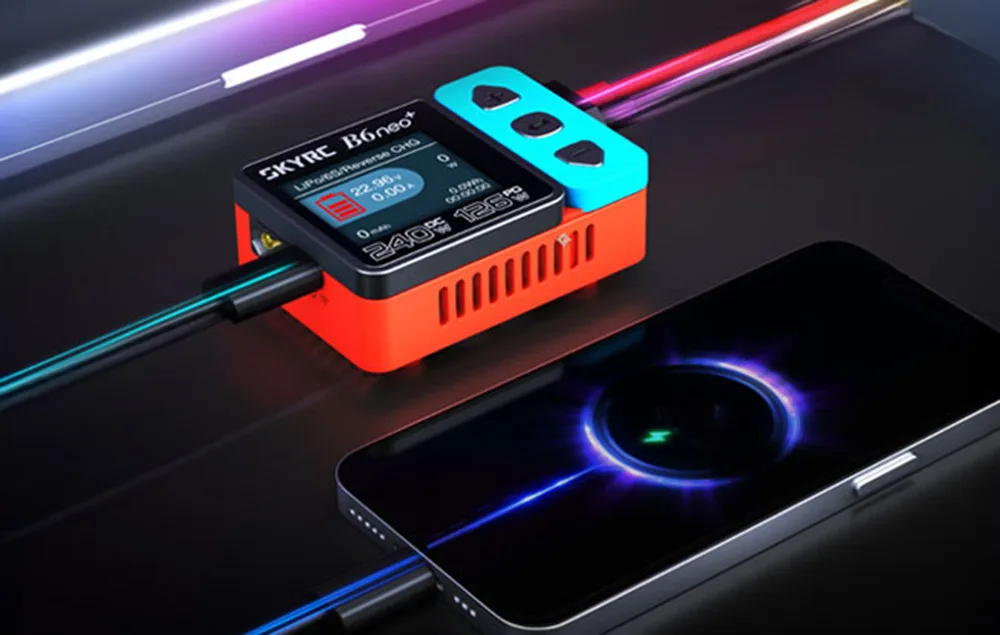 SkyRC B6neo+ smart charger connected by cable to a smartphone.