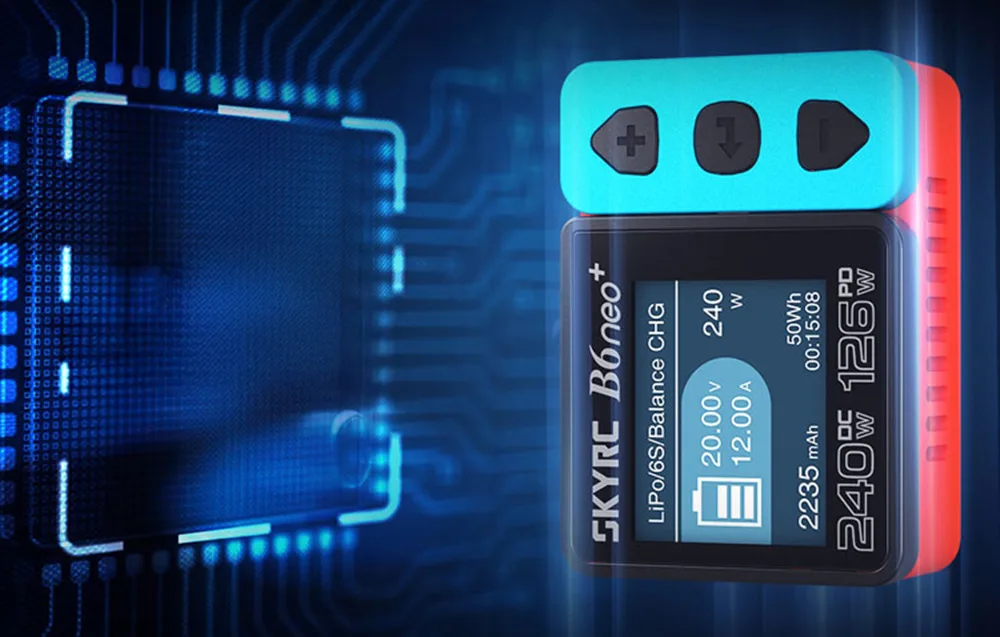 SkyRC B6neo+ smart charger next to a chip visualization.