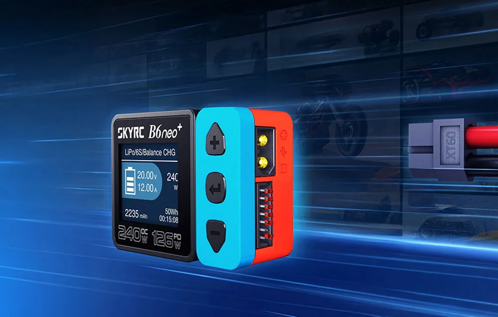 SkyRC B6neo+ smart charger with blue laser lights in the background.