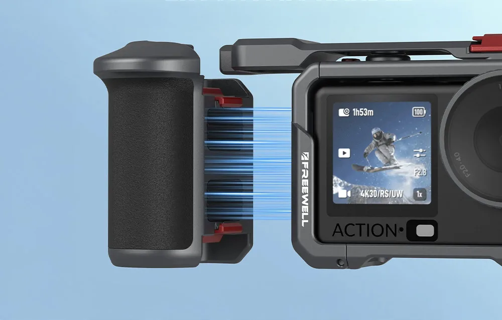 Zbliżenie na magnetyczny system mocowania bocznego uchwytu do klatki operatorskiej kamery DJI Osmo Action