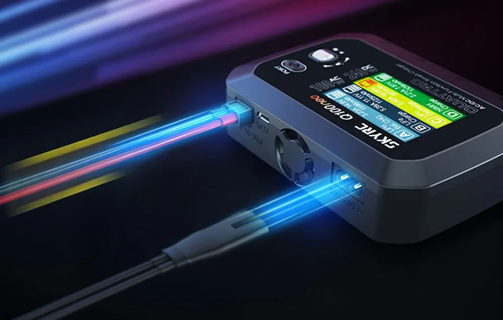 SkyRC Q100neo charger with connected power cables and side charging ports visible.