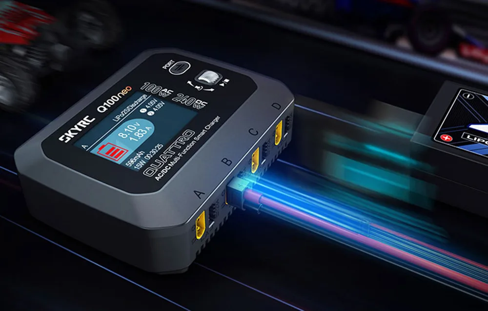 SkyRC Q100neo smart charger highlighting support for multiple battery chemistries.