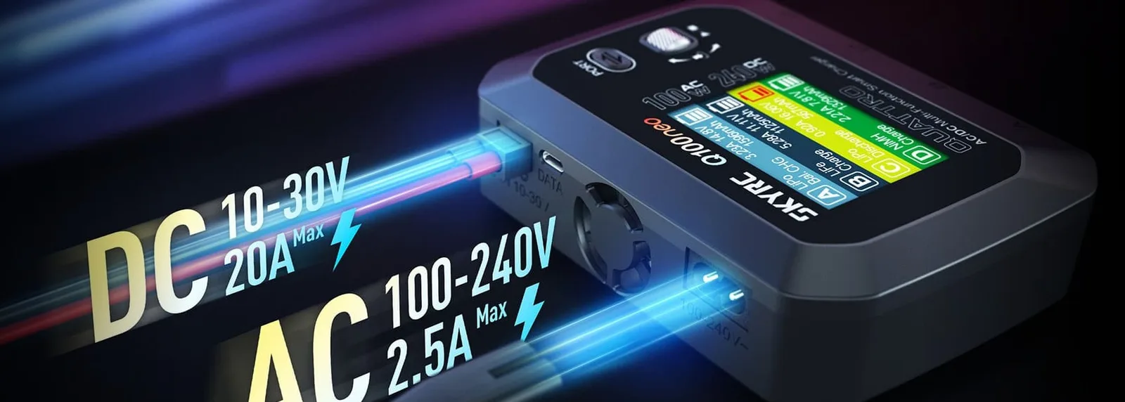 SkyRC Q100neo AC DC - widok ładowarki z wejściem DC XT60, zasilaniem AC i portem USB-C