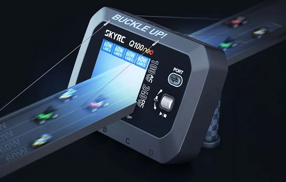 SkyRC Q100neo charger with a graphic showing multiple 60 W charging channels.