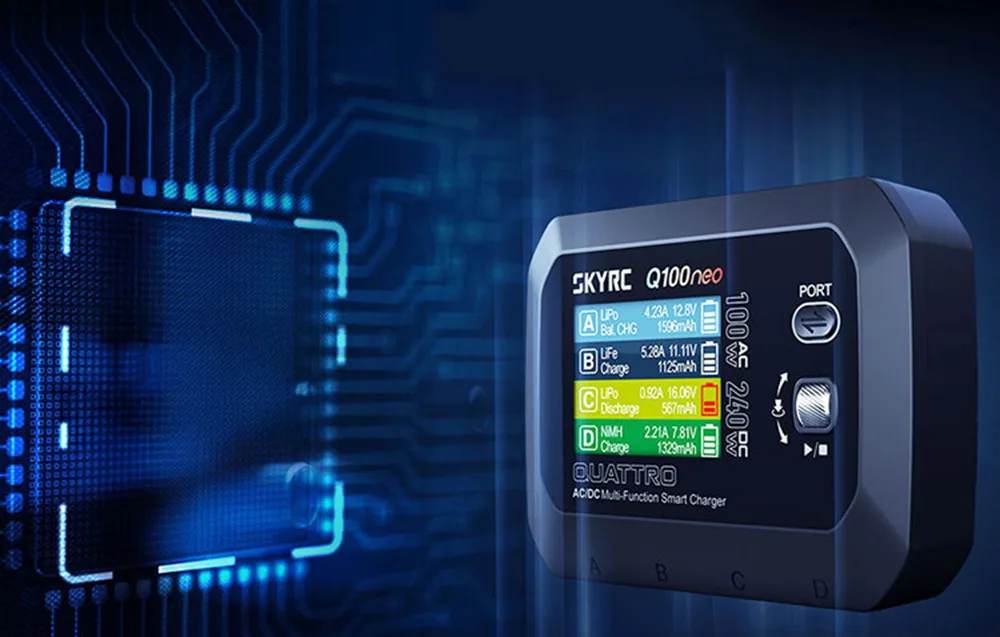 SkyRC Q100neo charger shown against an electronic circuit background.