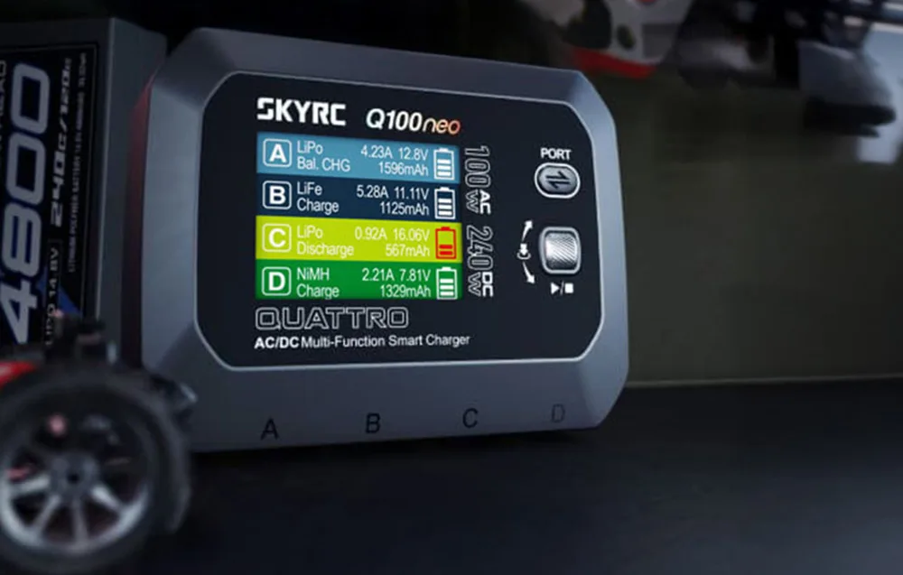 Close-up of the SkyRC Q100neo charger display showing charging parameters for four channels.