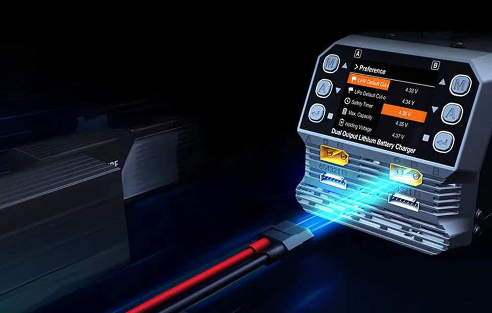 SkyRC PC1080neo dual-channel lithium battery charger with cables on a black background