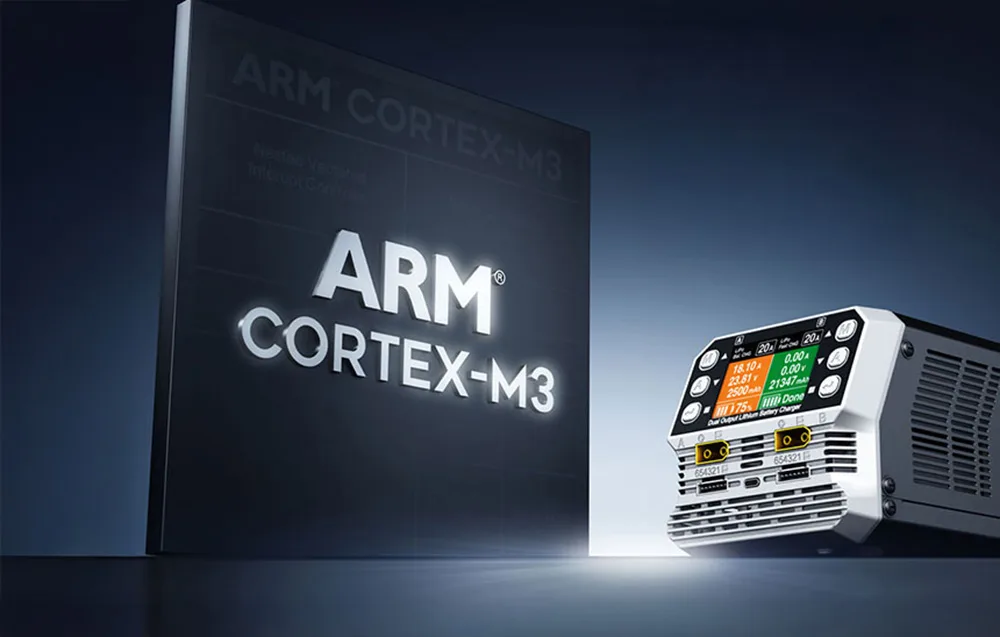 SkyRC PC1080neo dual-channel lithium battery charger next to ARM Cortex-M3 graphic