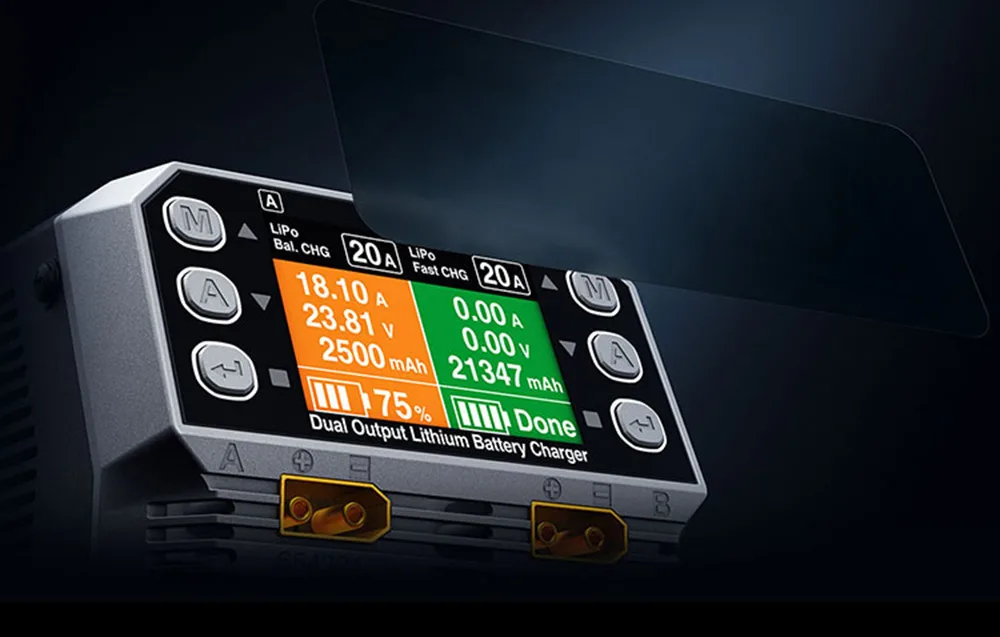 Front view of the SkyRC PC1080neo dual-channel lithium battery charger on a black background