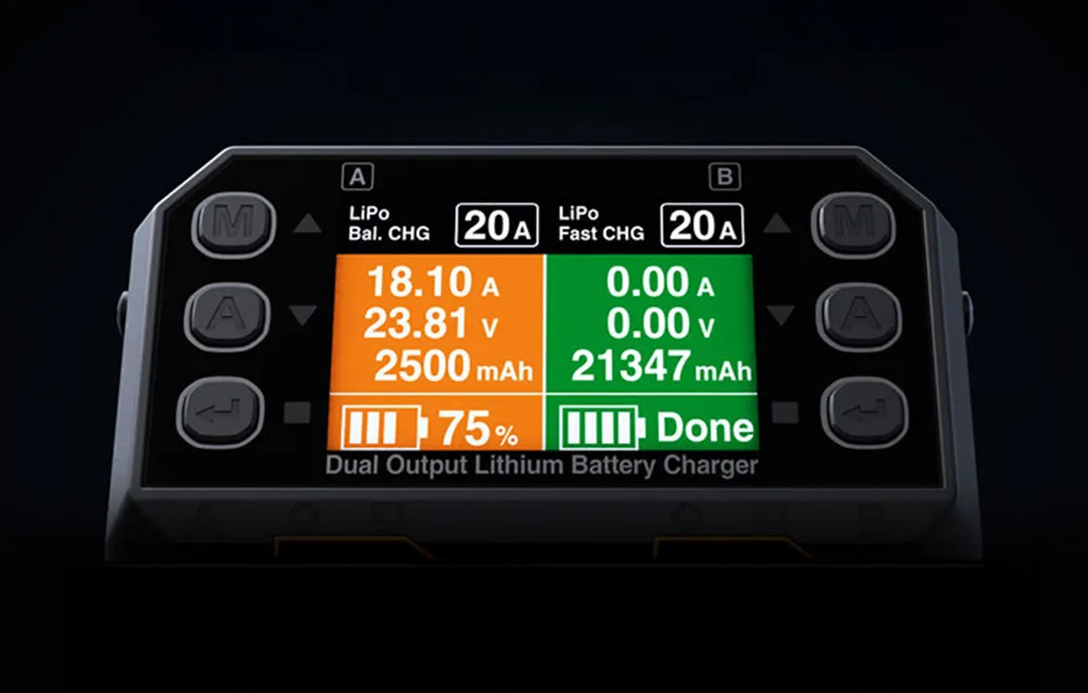 SkyRC PC1080neo dual-channel lithium battery charger on a black background