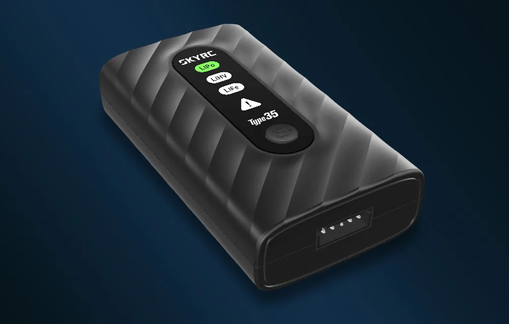 Compact SkyRC Type35 charger shown on a dark background with the balance port visible.
