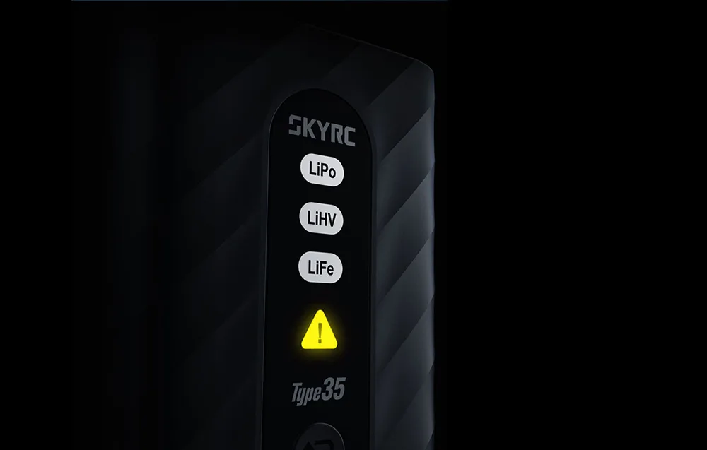 Close-up of the SkyRC Type35 LED panel showing LiPo, LiHV, and LiFe modes.